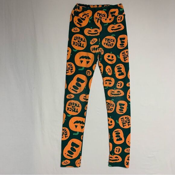 LulaRoe Halloween Jack O Lantern Pumpkin Leggings Girl’s Large Green Orange Fall - Picture 1 of 9